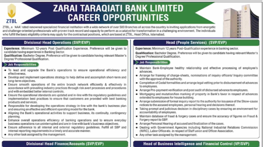 Zarai Taraqiati Bank Jobs in Limited