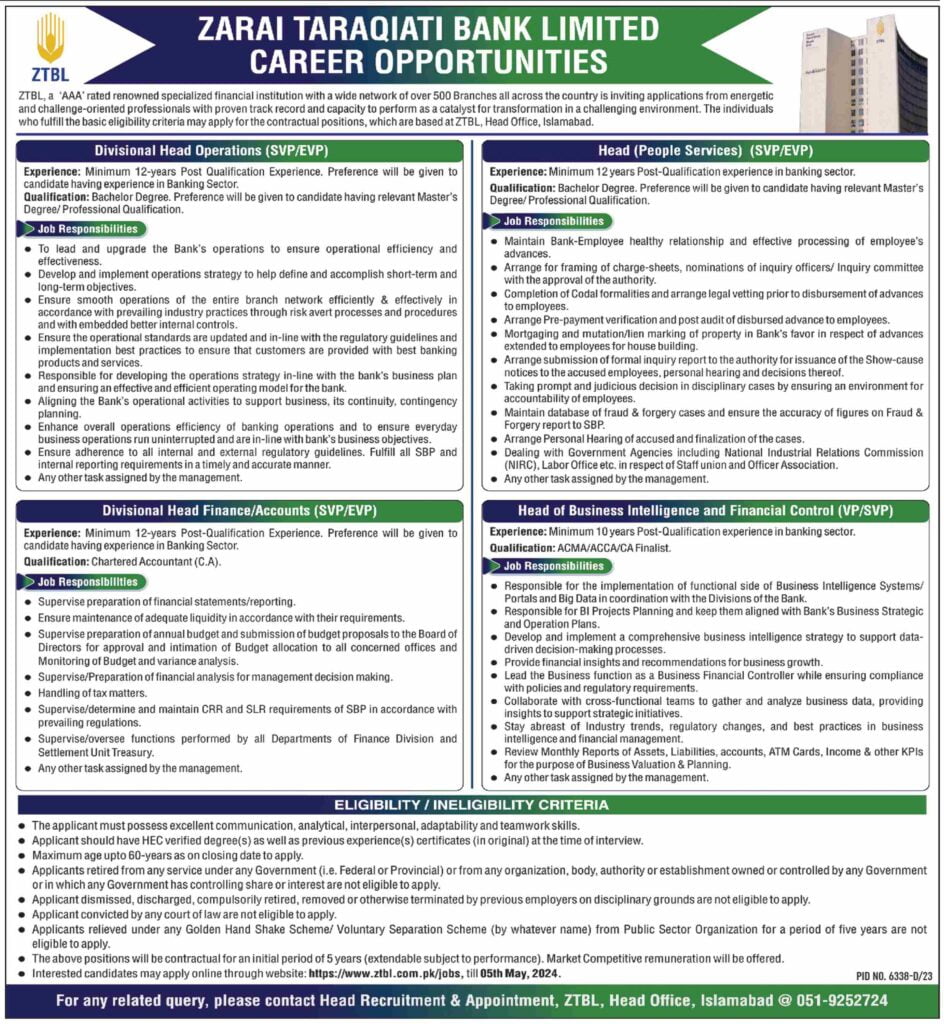 Jobs in Zarai Taraqiati Bank Limited (ZTBL)