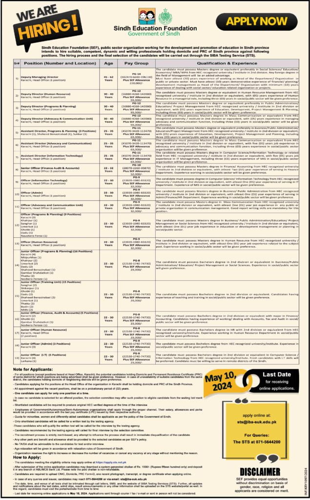 Sindh Education Foundation Jobs 2024